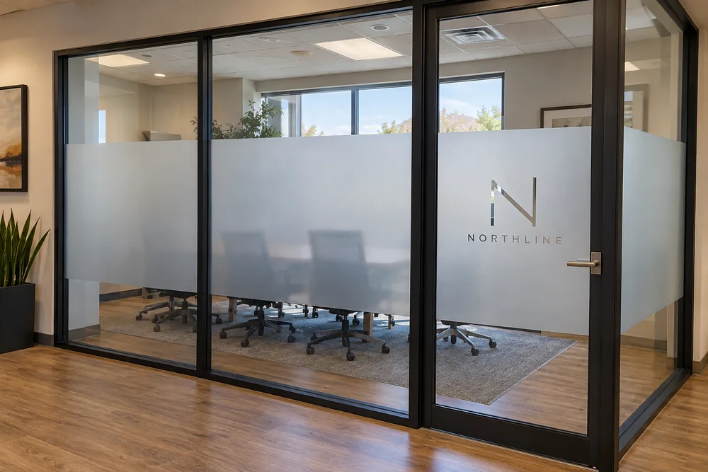 Northline office conference room glass with a frosted privacy band and a subtle cutout logo