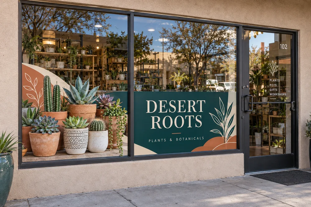 Desert Roots plant shop with colorful product photography and teal branding on the lower storefront windows