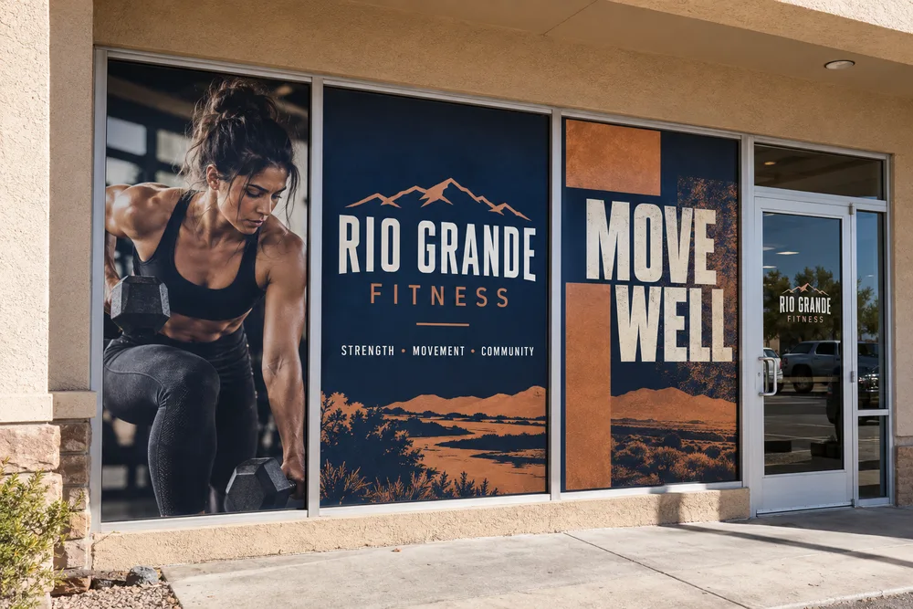 Rio Grande Fitness storefront with full-coverage navy and copper printed window graphics and a clear entrance
