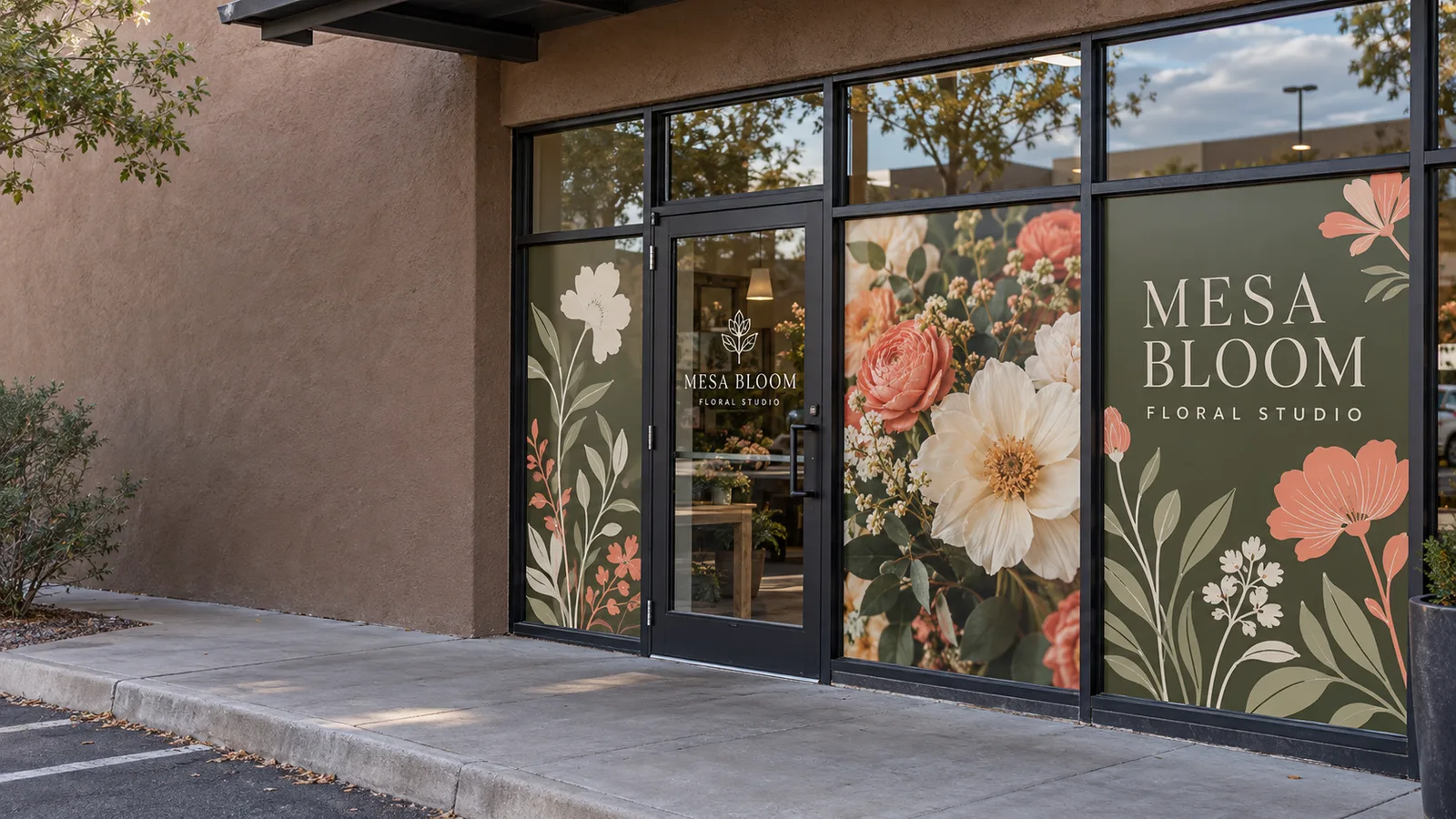 Mesa Bloom flower shop with custom floral window graphics on a stucco commercial storefront