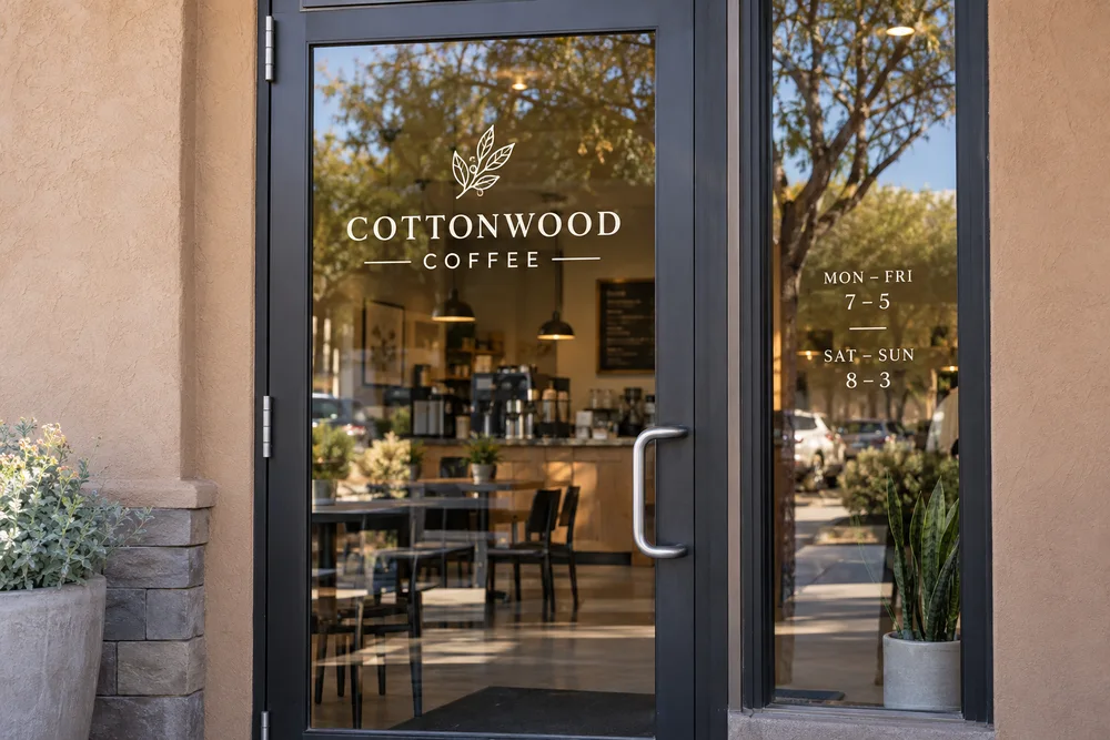 Cottonwood Coffee glass entrance with ivory cut-vinyl logo lettering and business hours