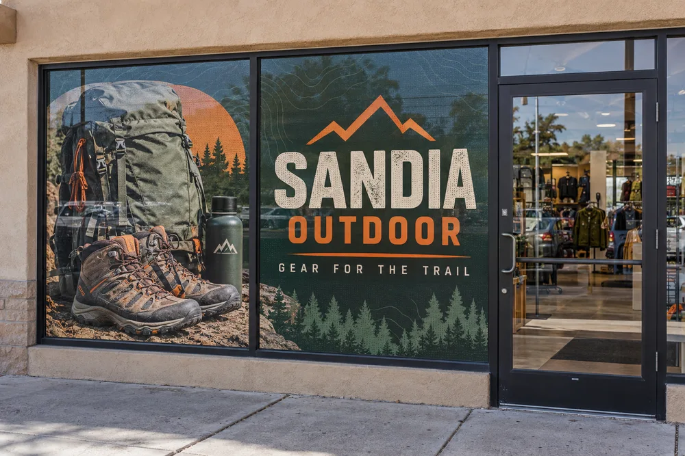 Sandia Outdoor storefront with printed boot and backpack advertising on perforated window vinyl
